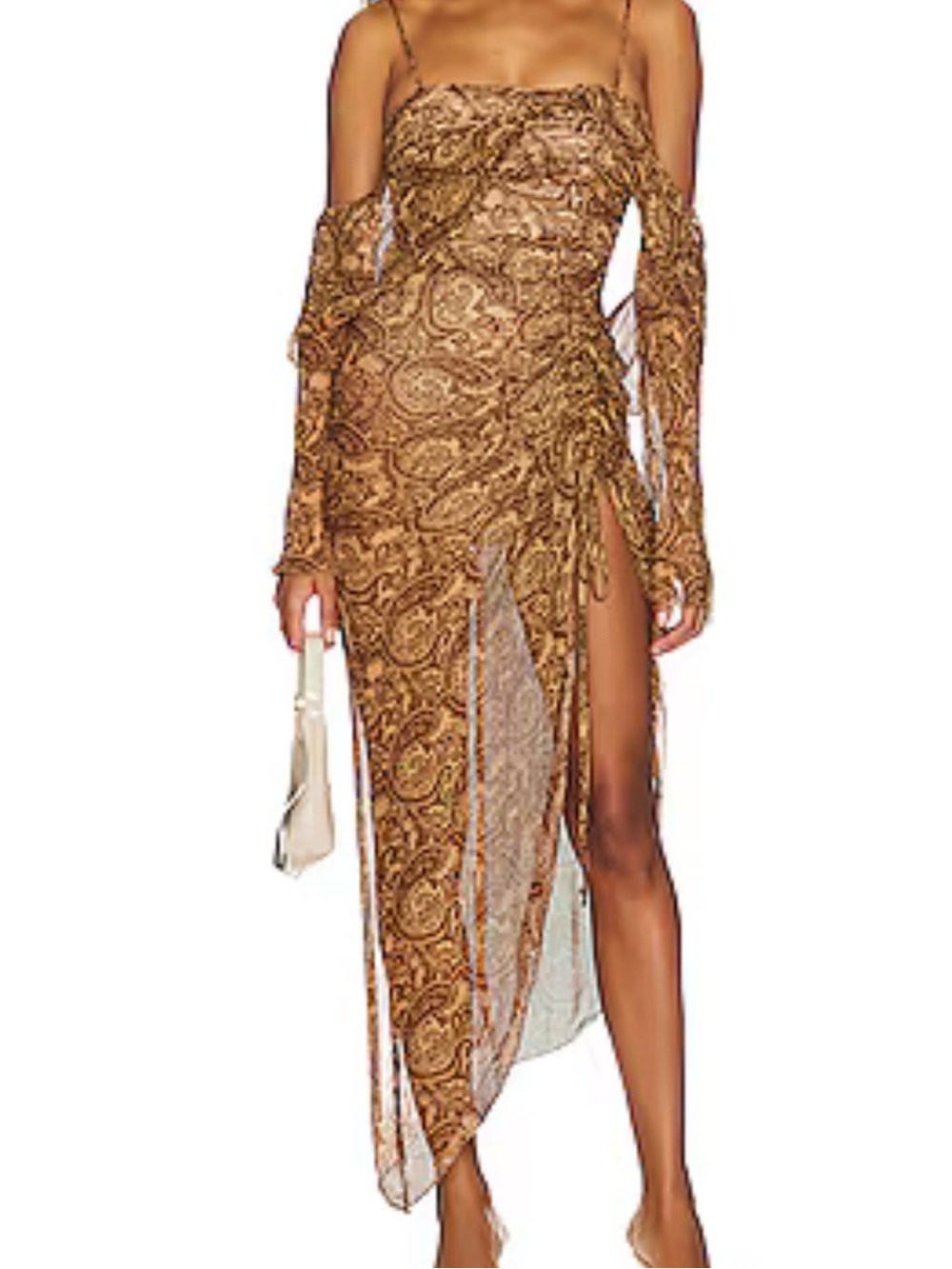 Brown Paisley Off-Shoulder High-Slit Maxi Dress
